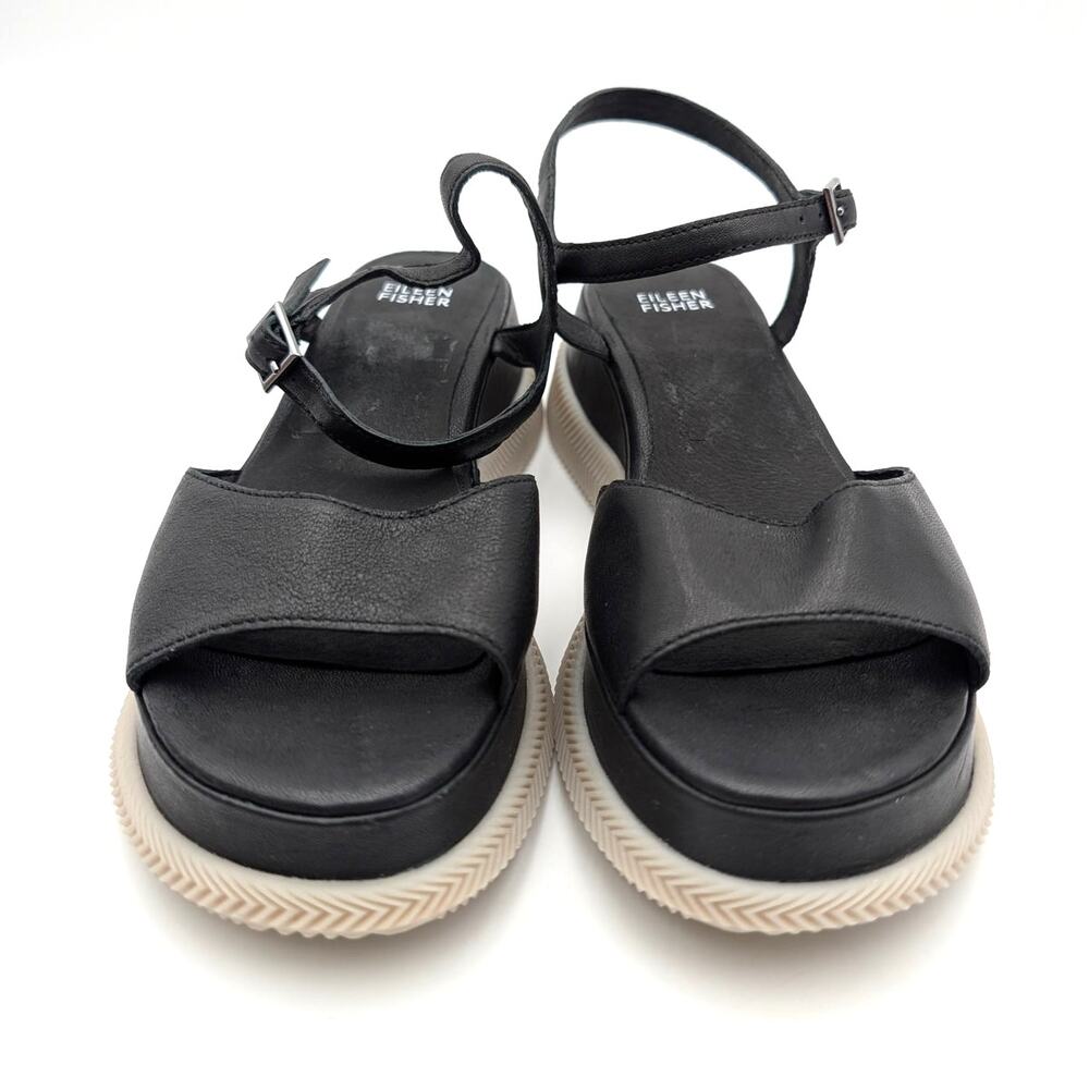 Eileen Fisher Ario Sporty Leather Wedge Sandals Women's Black Size US8 EU38 - Picture 2 of 10